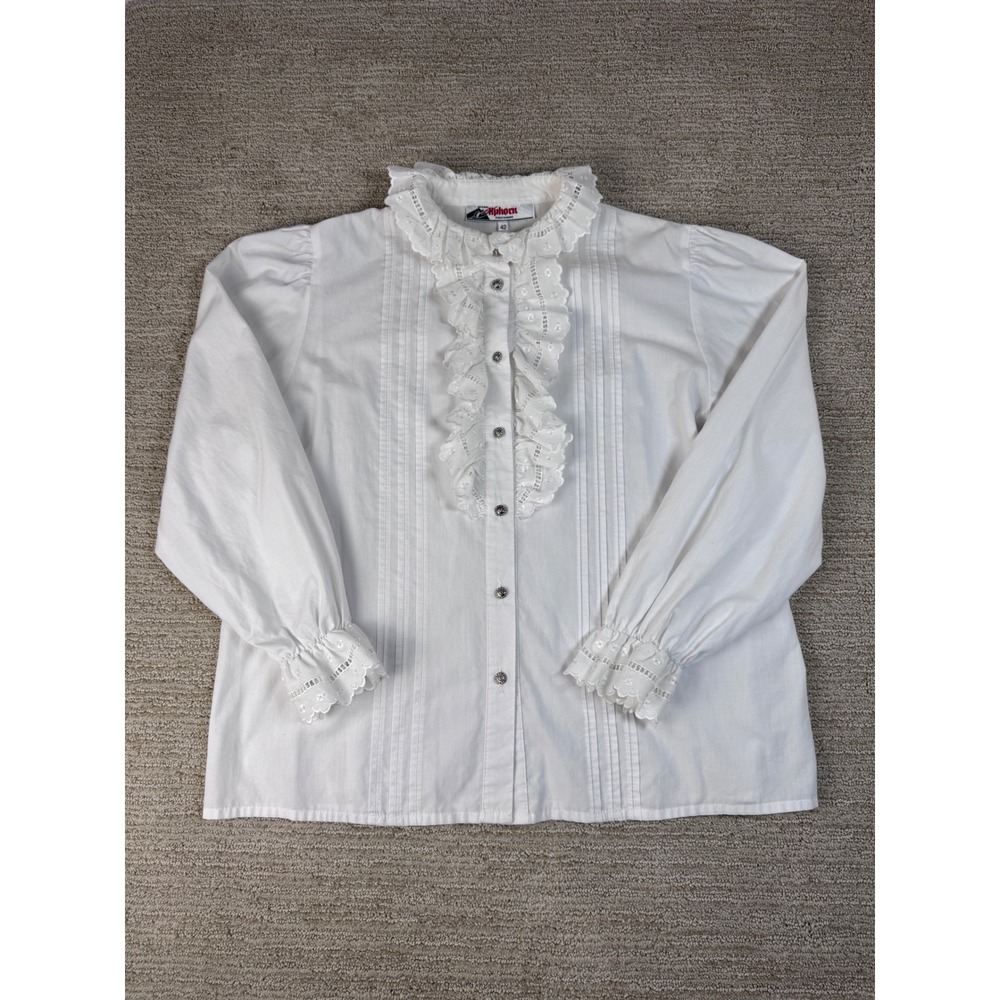 Original Alphorn Trachtenmode White Eyelet Lace Ruffle Blouse Top 42 German